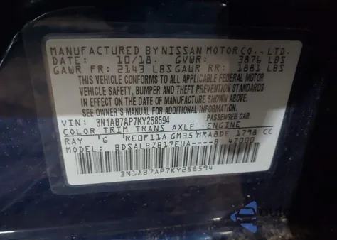 2019 Nissan Sentra S from USA, damaged, VIN 3N1AB7AP7KY258594